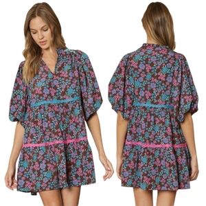 Entro Phoebe Floral Tiered Peasant Style Mini Dress Chocolate Pink Size Large